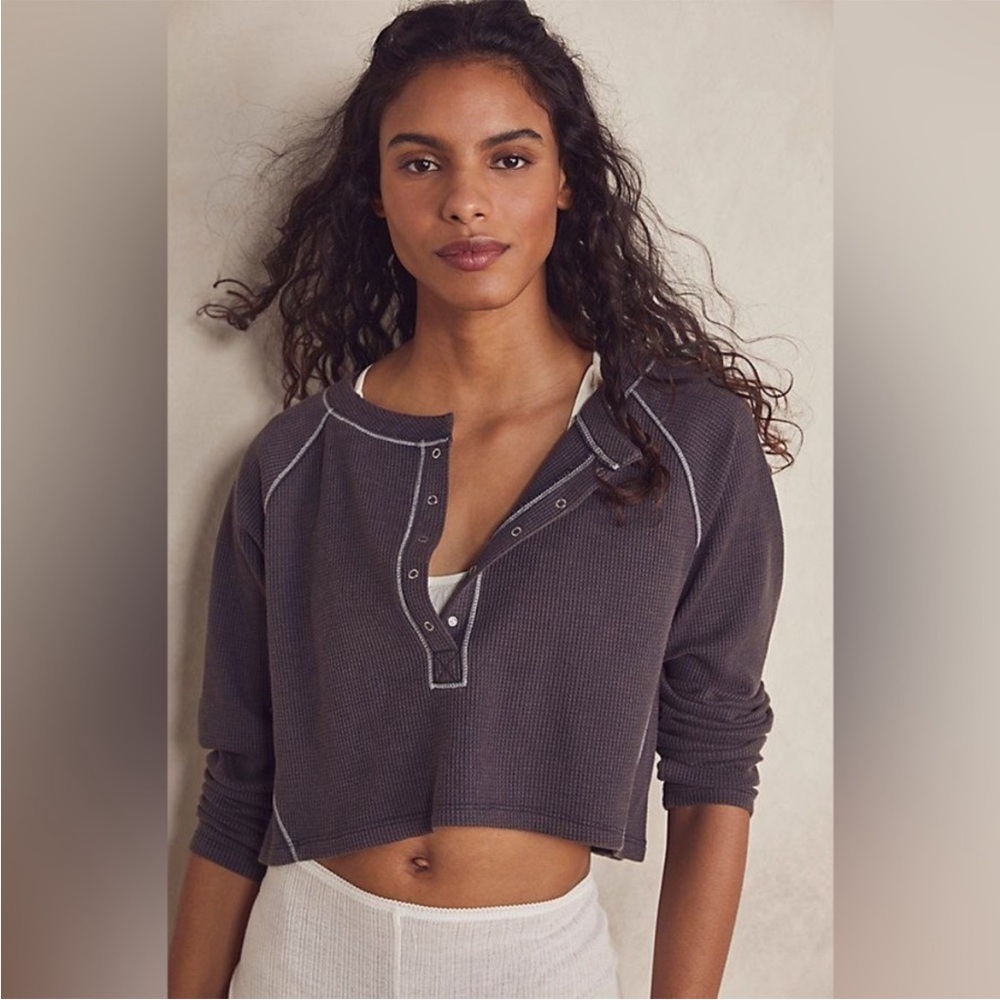NWOT Free People Early Night Cropped Waffle Knit Pullover In Color Purple Medium - Picture 1 of 9
